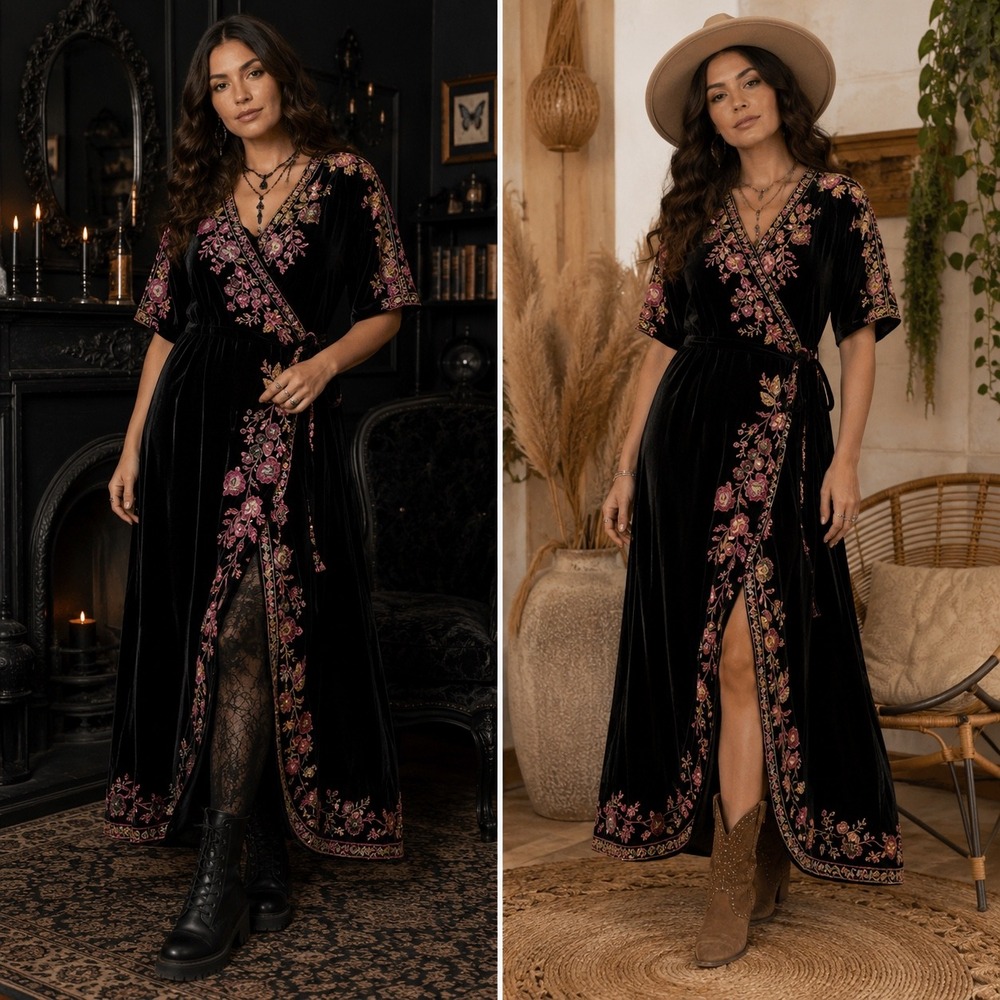 Johnny Was Joanna Wrap Dress M Black Velvet Embroidered Kimono Boho Floral